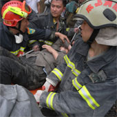 Sichuan earthquake rescue workers carrying an injured person. 