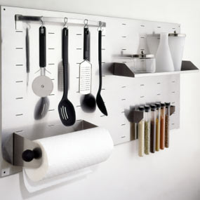 Organized kitchen utensils.