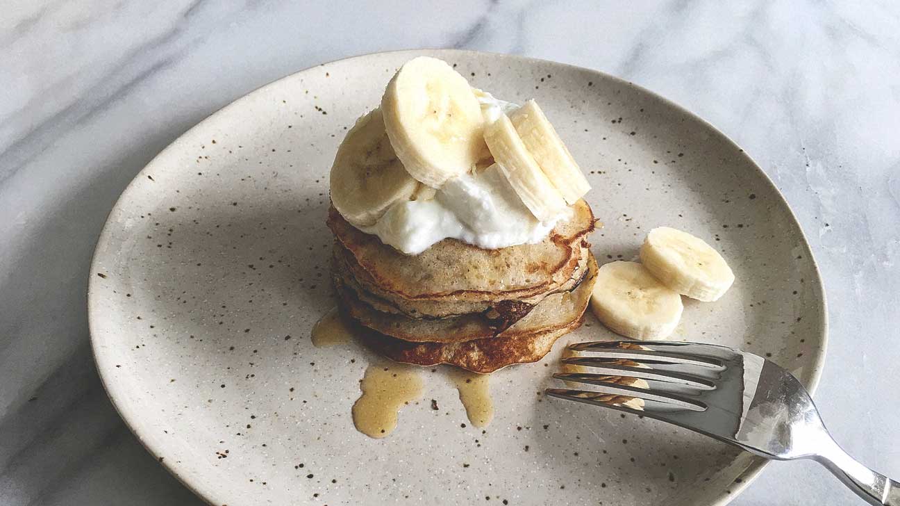 Image result for banana pancake with greek yogurt on top